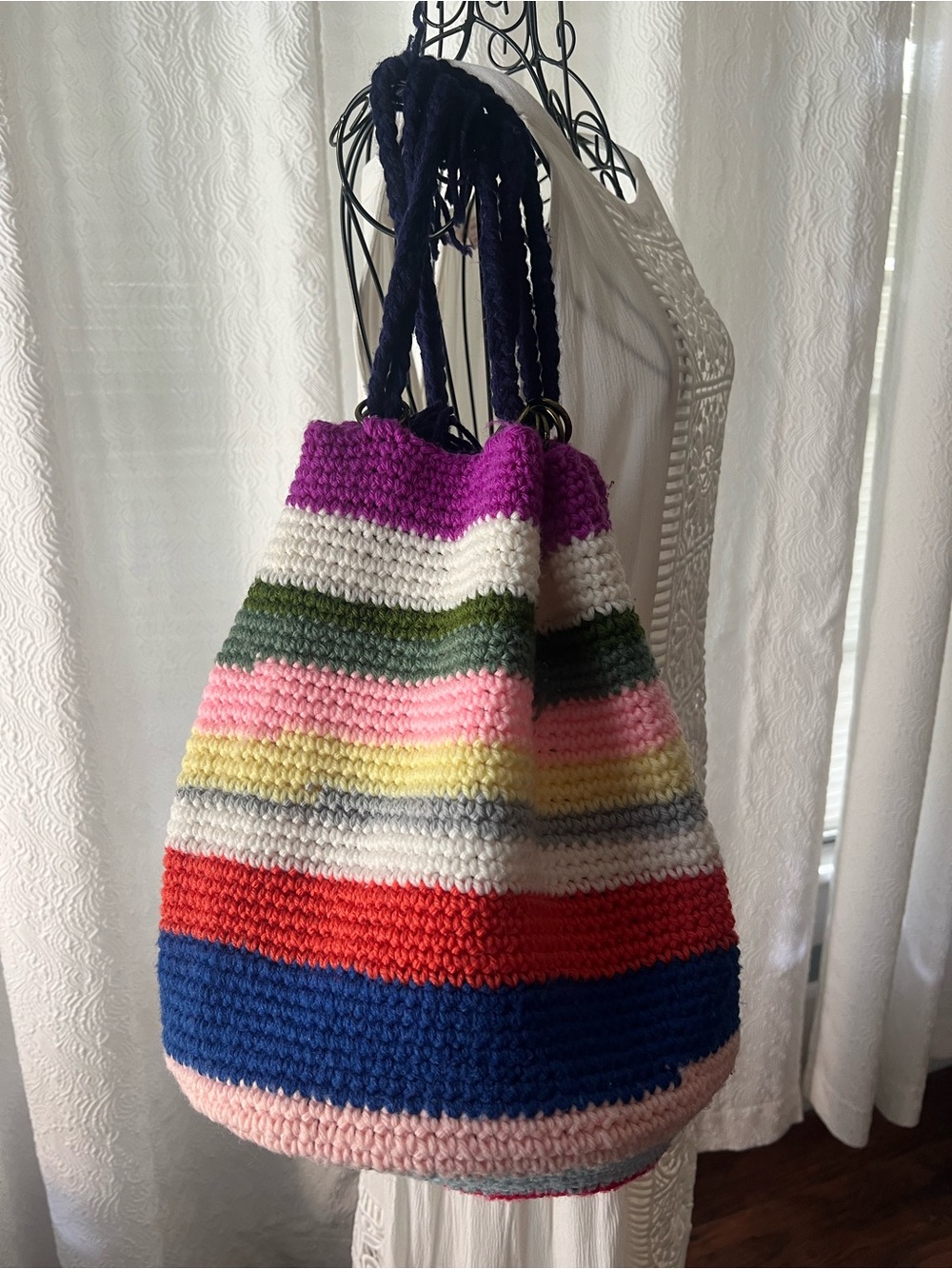 Vintage Handmade Crochet Bucket Bag Lined Boho Multicolor Drawstring Tote